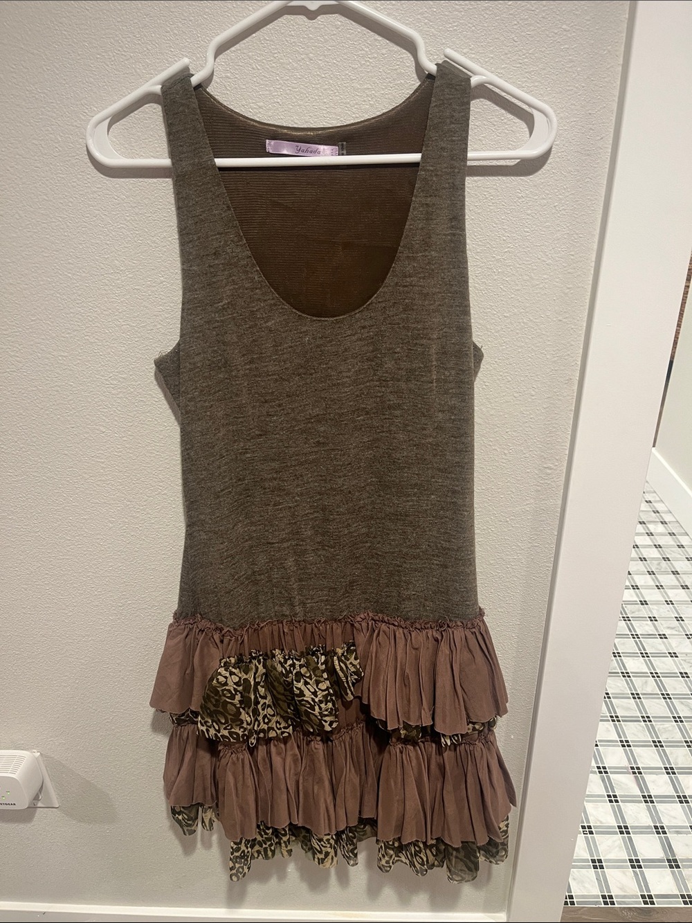 Yahada Brown Tank Dress with Leopard-Trim Ruffles